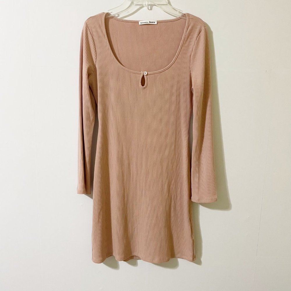 Reformation Size S Tan Brown Long Sleeve Ribbed Knit Sweater Dress Mini Elias
